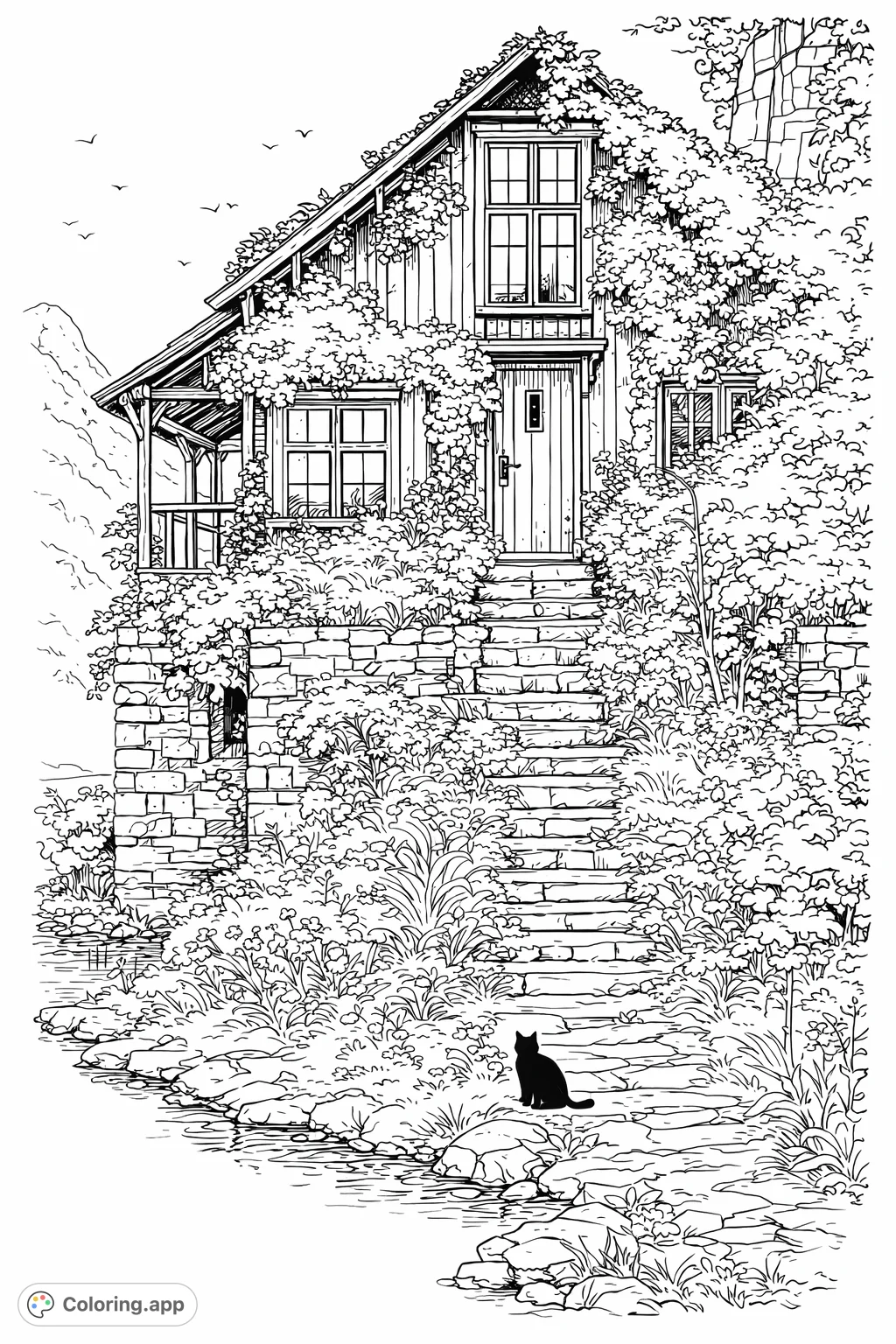 Discover a charming, vine-covered cottage nestled on a mountain hillside beside a tranquil stream. A cozy dwelling with stone steps, lush greenery, and a curious cat awaits your artistic touch.