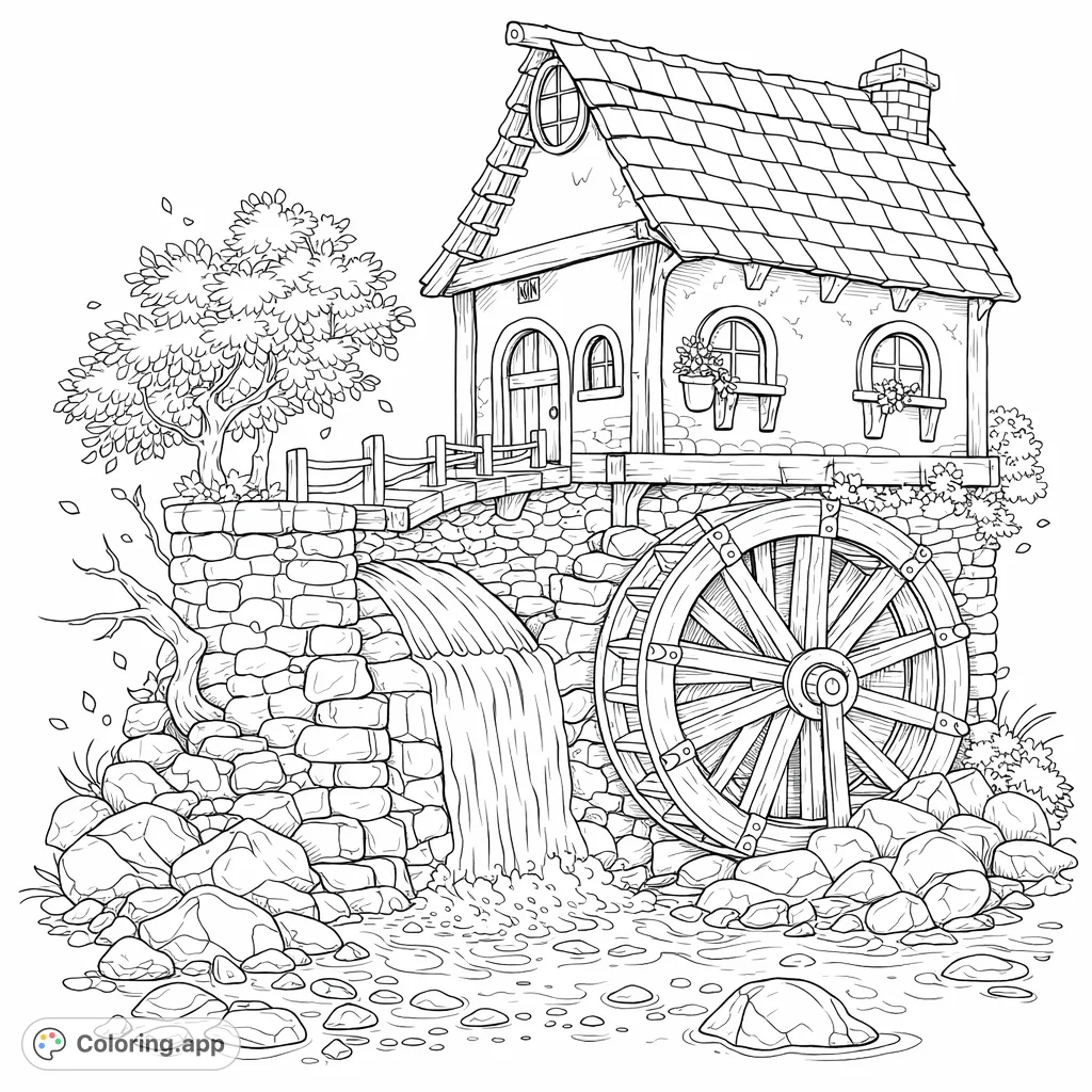 Color a charming water mill house featuring a large water wheel, cascading waterfall, and a stream filled with pebbles, nestled in a detailed, rustic landscape.