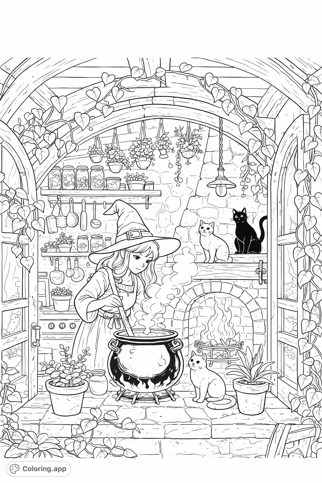Color a charming witch brewing a potion in her cozy, plant-filled kitchen, surrounded by curious cats and a glowing fireplace. A magical scene awaits!