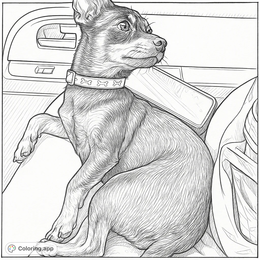 Capture the charm of a small dog on a car adventure. This hand-drawn sketch invites you to bring the loyal companion and its patterned collar to life.