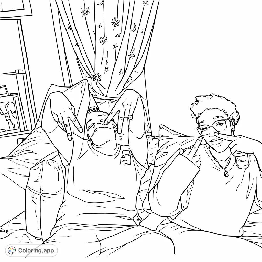 Two individuals strike playful poses indoors. This modern scene invites creativity with patterns on clothing, cushions, and curtains, perfect for urban-themed coloring.