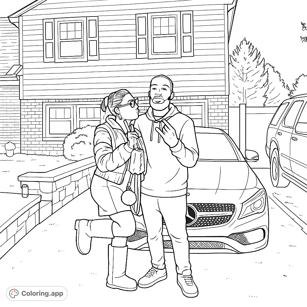 A fashionable duo poses by a sleek car in front of a modern home. Capture their stylish attire and the detailed setting in this engaging coloring page.