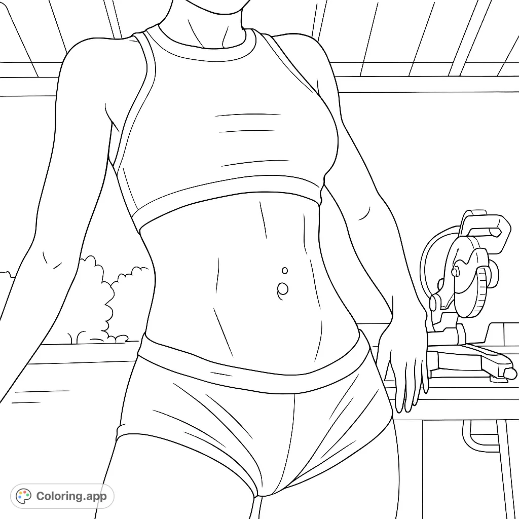 Color a dynamic athletic figure in a sporty crop top and shorts, set against a backdrop of outdoor foliage and workshop machinery. A unique challenge for adults!