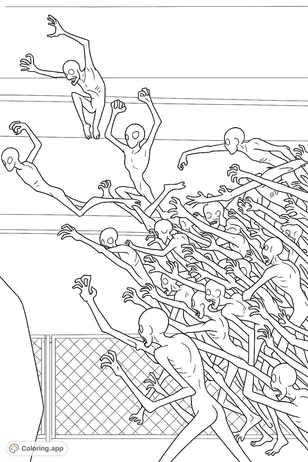 An intense coloring page depicting a chaotic swarm of humanoid figures falling and clambering, with many reaching limbs and an open background.