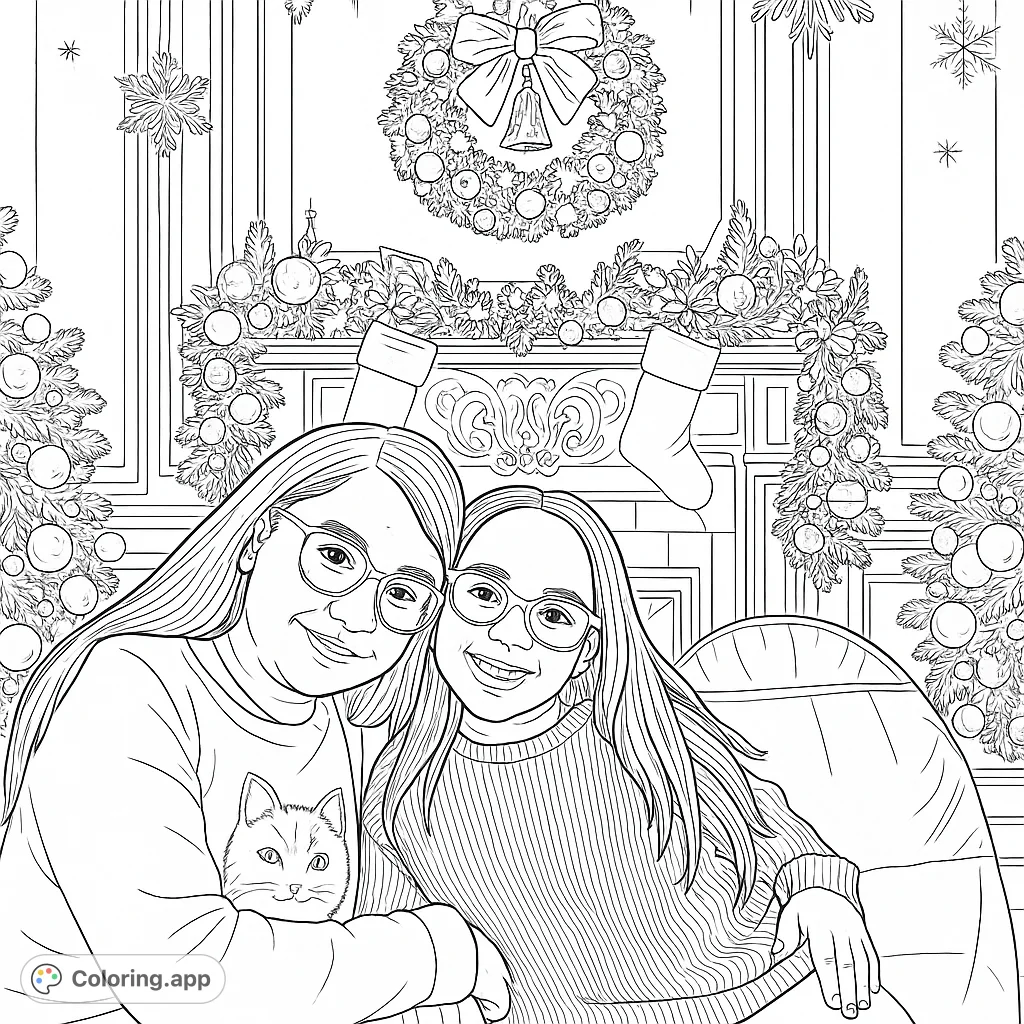 Capture the joy of the holidays with this charming coloring page featuring two sisters in a beautifully decorated festive setting. Perfect for family fun!