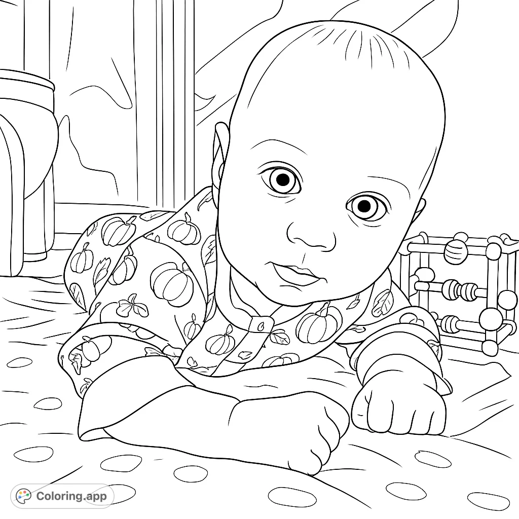 Adorable baby in a pumpkin-patterned onesie, engaged in tummy time on a soft mat with a playful activity toy nearby. A heartwarming scene for young colorists.