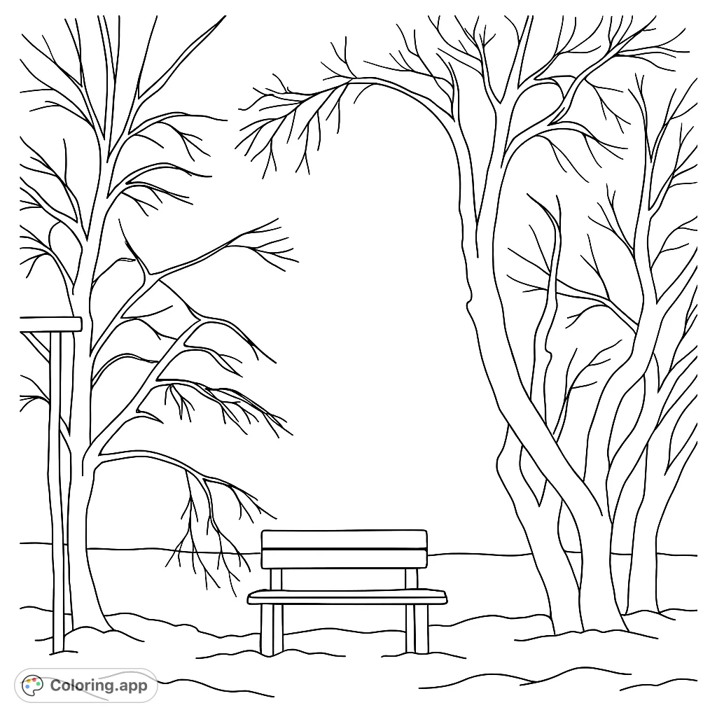 A serene winter scene featuring two majestic bare trees and a rustic wooden bench. Perfect for nature lovers to add their own calming palette.