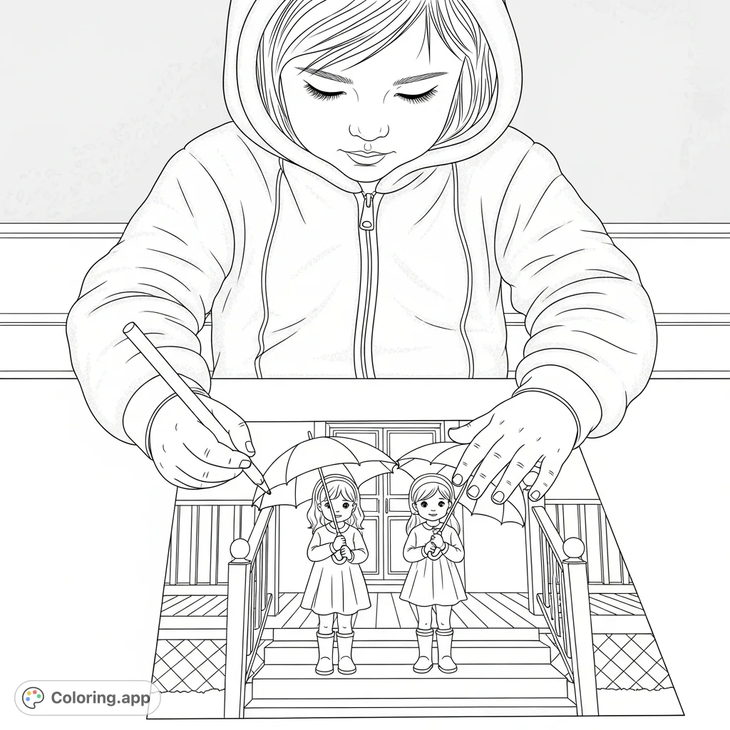 A charming coloring page featuring a little girl in a cozy onsie, deeply focused on coloring a drawing of two friends with umbrellas on a porch. Explore creativity!
