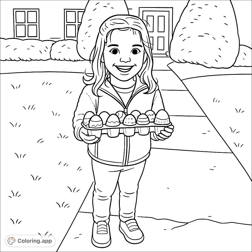 A joyful young girl smiles widely, proudly holding a carton of decorated eggs. A delightful Easter scene perfect for celebrating spring.