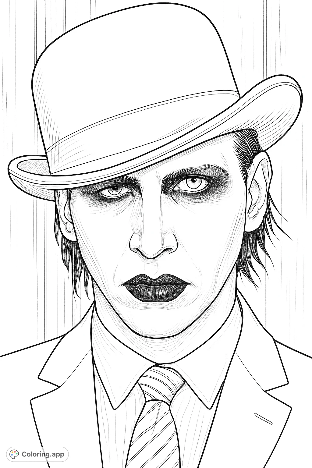 Explore a striking portrait of a performer in a bowler hat, featuring an intense gaze and intricate details for a challenging and artistic coloring experience.