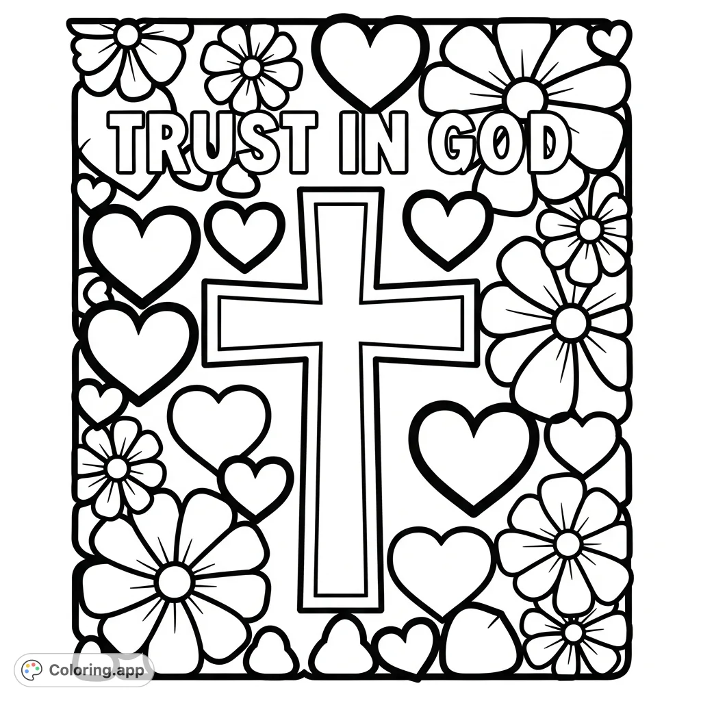 An uplifting faith-inspired coloring page featuring a bold cross, the text "Trust in God," and a joyful arrangement of hearts and flowers.