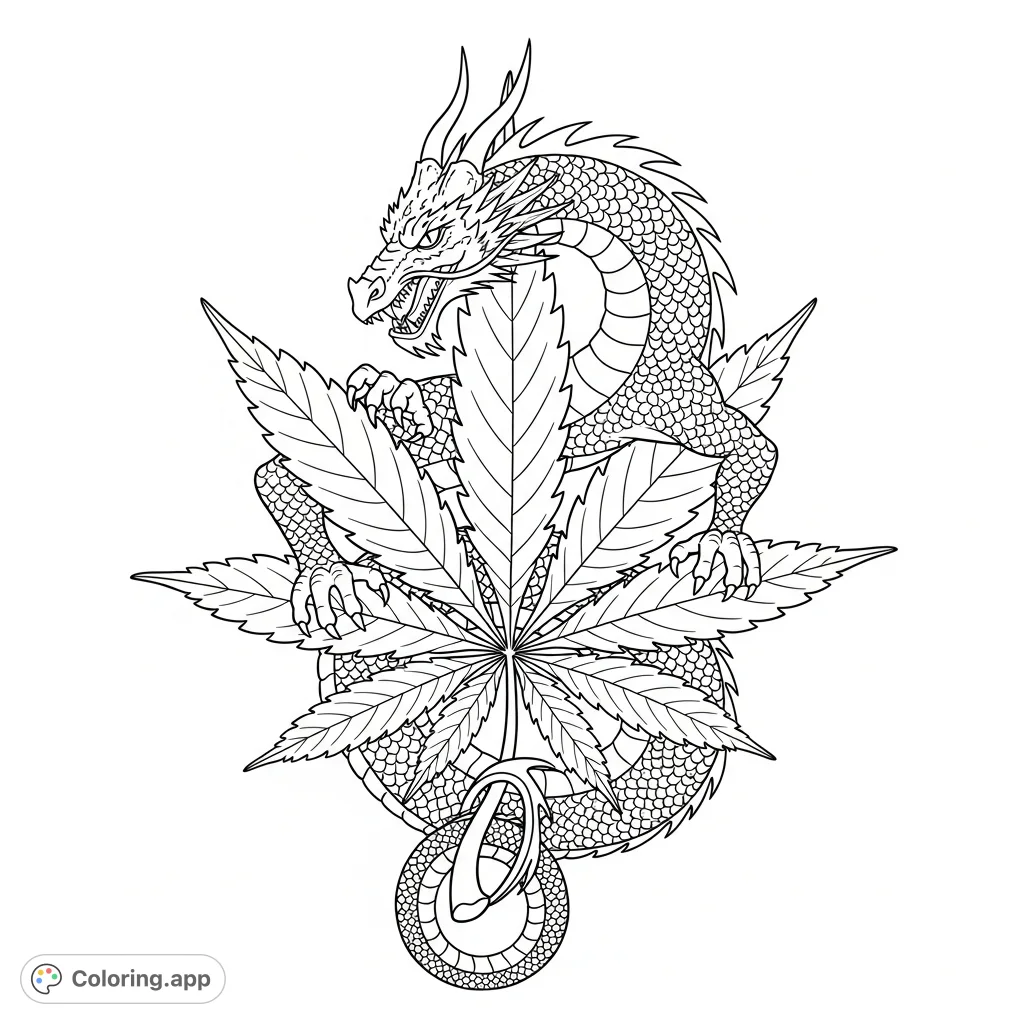 A striking dragon wraps around a cannabis leaf in a dynamic, stylized design. Perfect for adult colorists seeking a unique, detailed, and symbolic art piece to personalize.