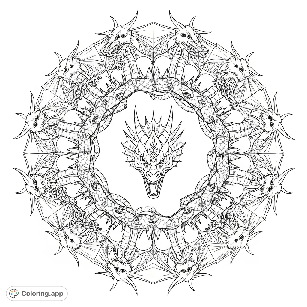 A captivating dragon coloring page featuring twelve intricately scaled dragons forming a dynamic circle around a powerful central dragon face. Perfect for fantasy fans!