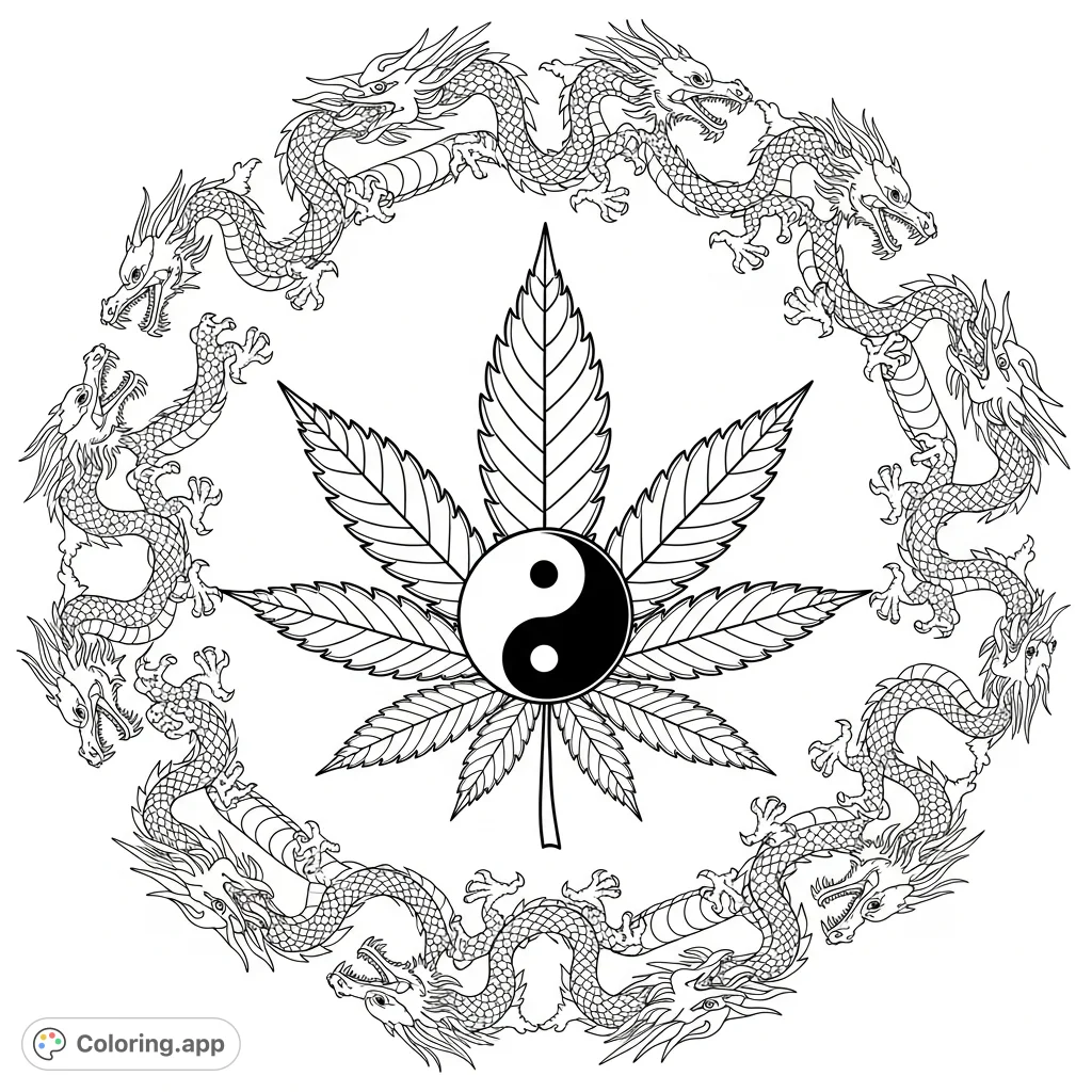 An intricate coloring page featuring a cannabis leaf with a yin-yang symbol at its heart, encircled by thirteen detailed dragons. Perfect for focused adult coloring.