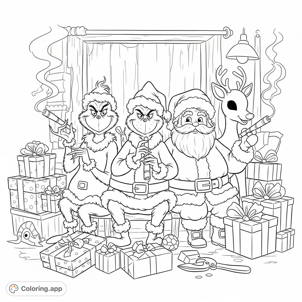 An unexpected gathering of The Grinch, Santa Claus, and Rudolph in a whimsical workshop, sharing a moment with stylized hand-rolled objects.