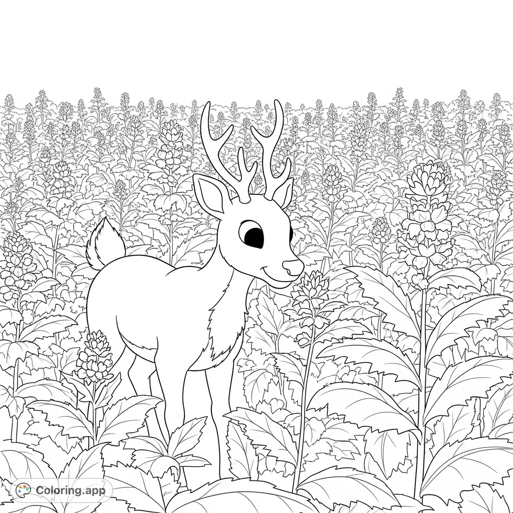Rudolph the reindeer grazes amidst a vibrant field of lush, tall leafy plants with serrated edges, a unique and engaging scene to color.