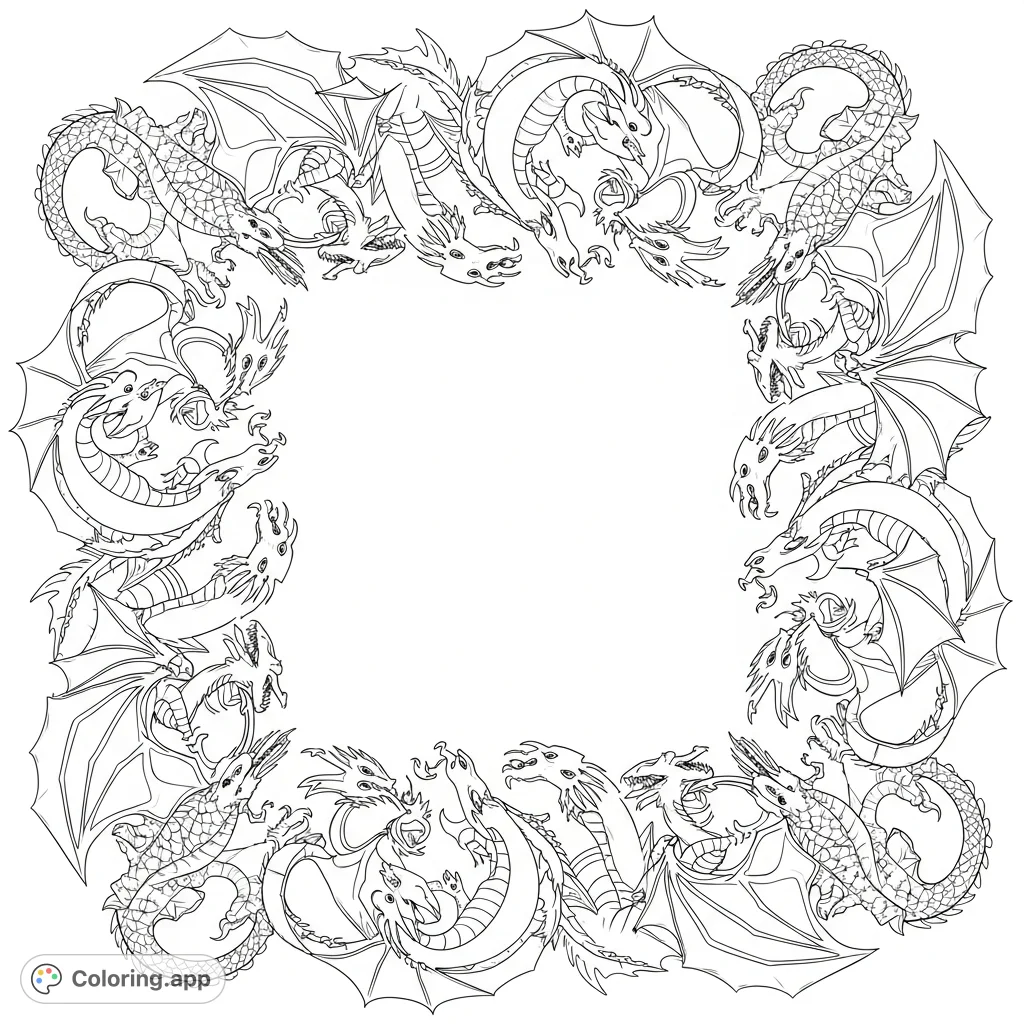 A captivating coloring page featuring thirteen unique dragons intertwined to form an intricate square border, leaving a clear open space in the center for personalization.