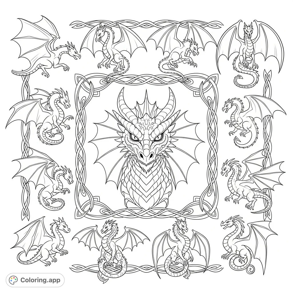 A captivating dragon coloring page featuring twelve unique dragons forming an ornate square border around a powerful, intricately detailed central dragon face. Unleash your creativity!