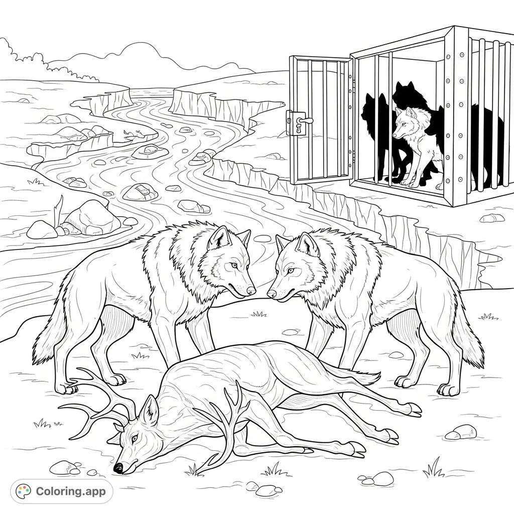 A powerful scene depicting two wolves with a downed deer by a degrading river. A cage with more wolf silhouettes hints at a dramatic narrative.