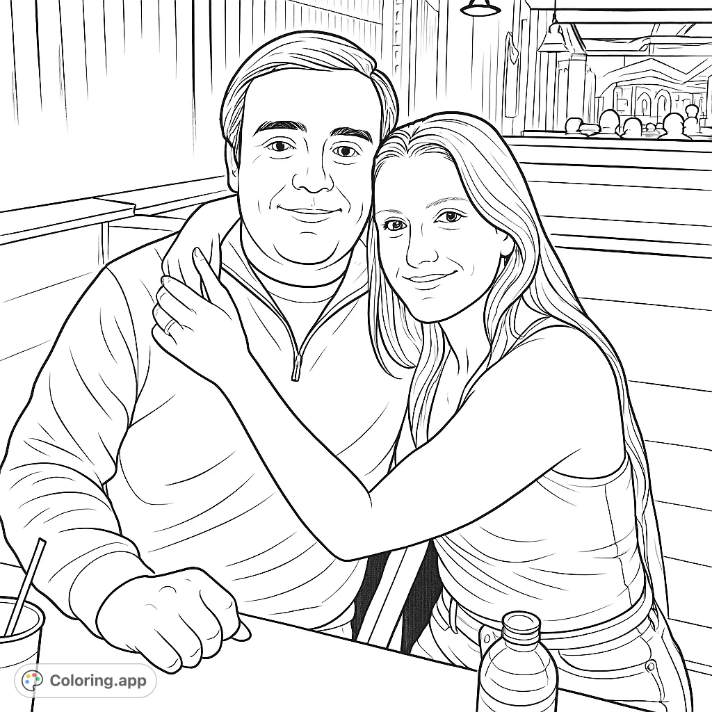 A heartwarming couple enjoying a night out, with one arm affectionately around the other. Capture their connection and the vibrant atmosphere with your creative touch.