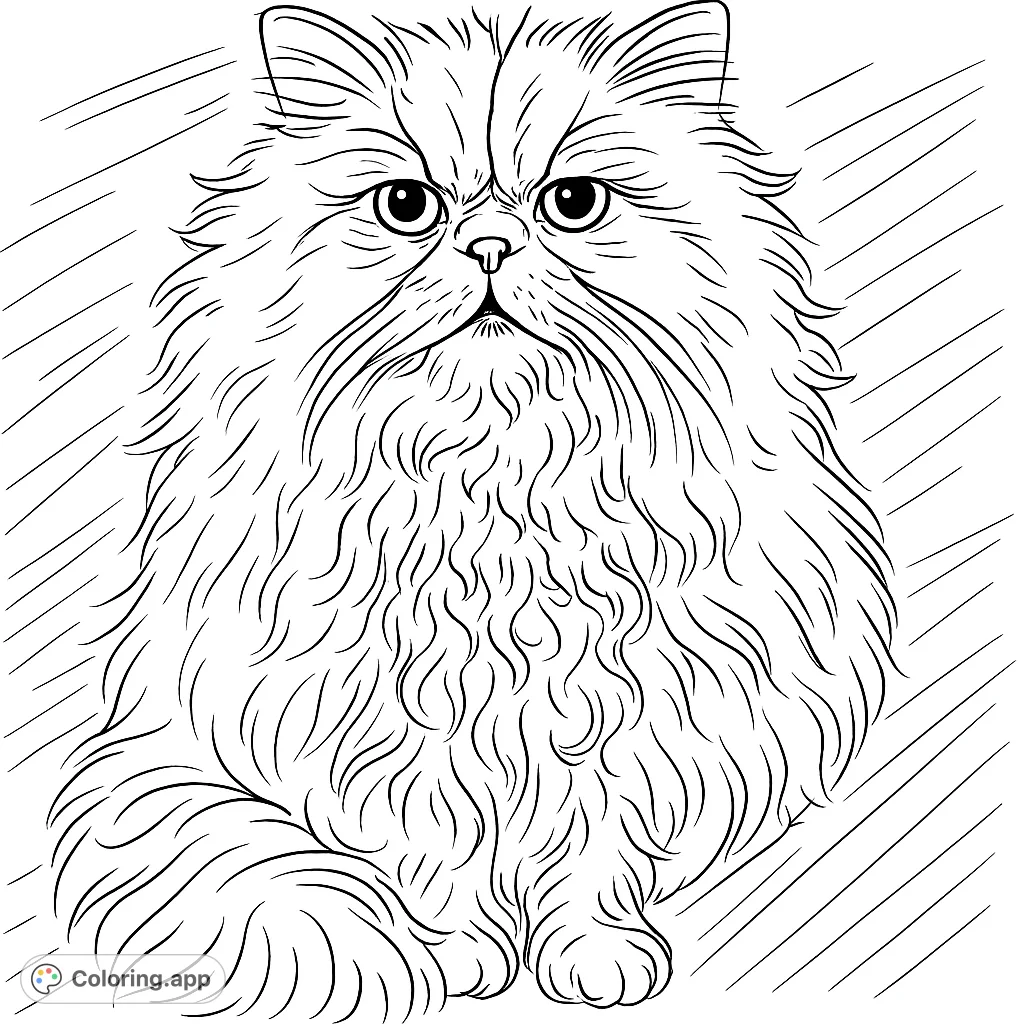 A captivating fluffy cat with intricate fur and expressive eyes, resting on a wooden floor. Perfect for animal lovers seeking a detailed coloring challenge.