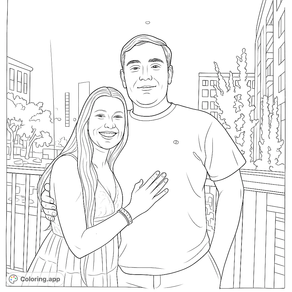 A heartwarming couple's embrace captured against a city skyline. Perfect for personalizing with your favorite shades to celebrate connection and urban nights.