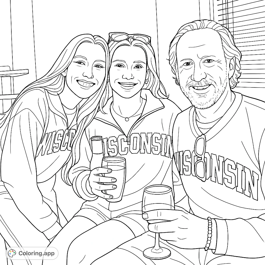 A cheerful group, two women and a man, smiling and celebrating in matching "WISCONSIN" apparel. Perfect for college fans to personalize.