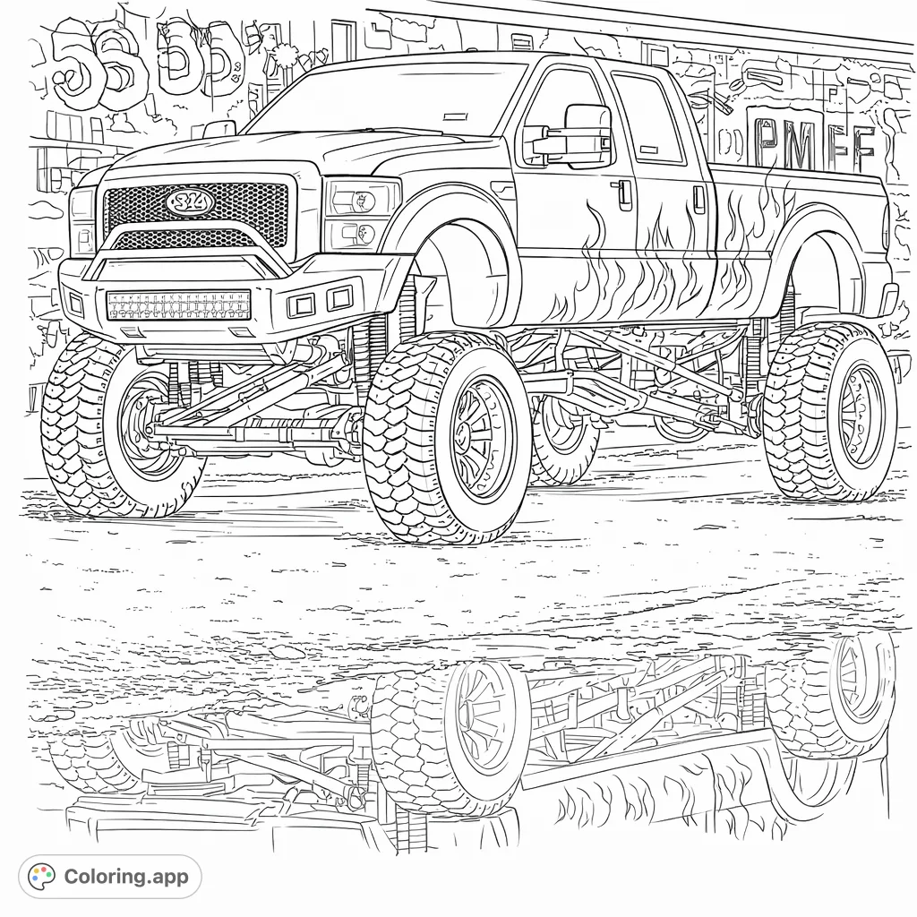 Color this custom lifted dually truck with massive tires, intricate suspension, and unique side graphics, set against an urban graffiti wall with a reflective puddle.