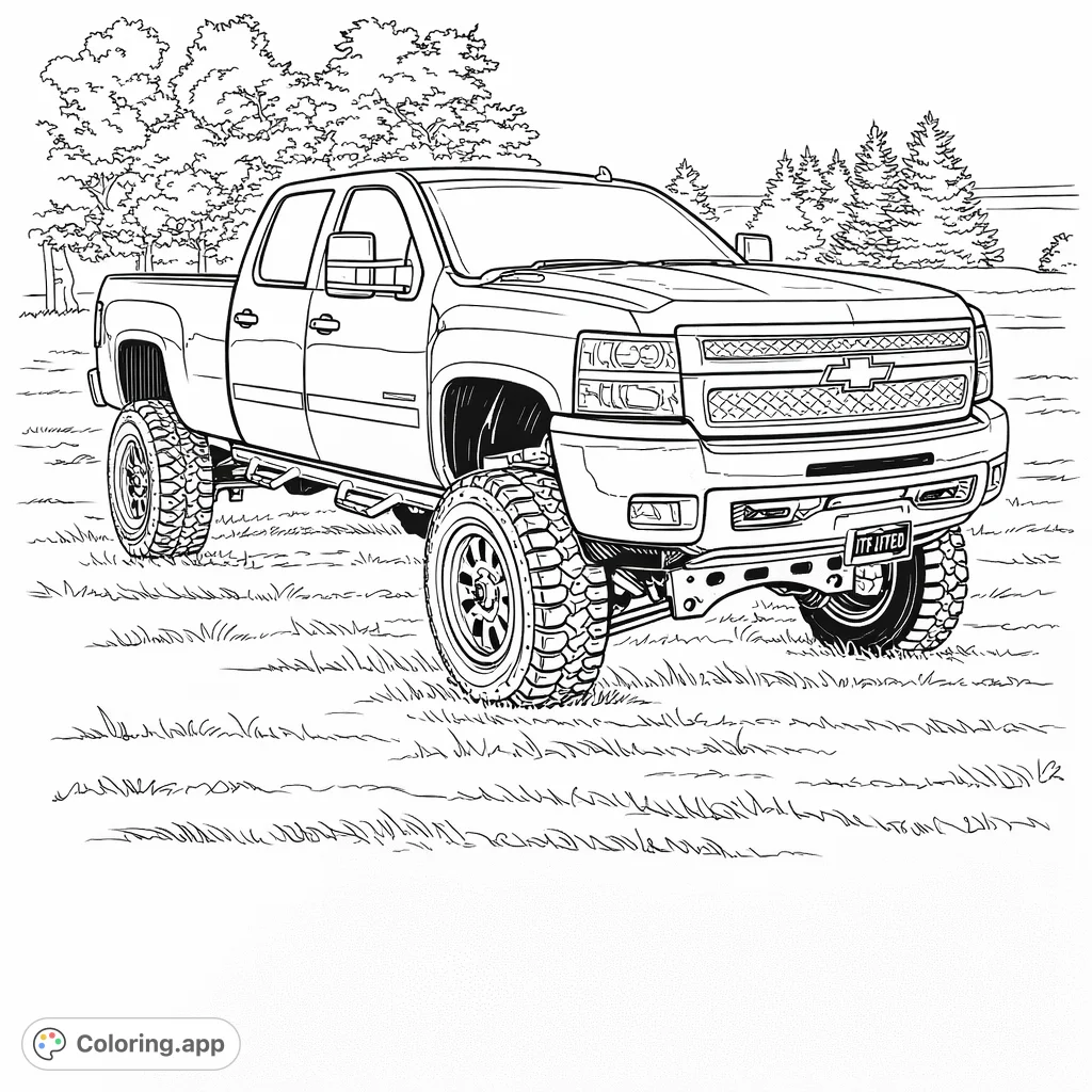A detailed coloring page of a mighty lifted pickup truck with prominent off-road tires on a grassy field, ready for customization.