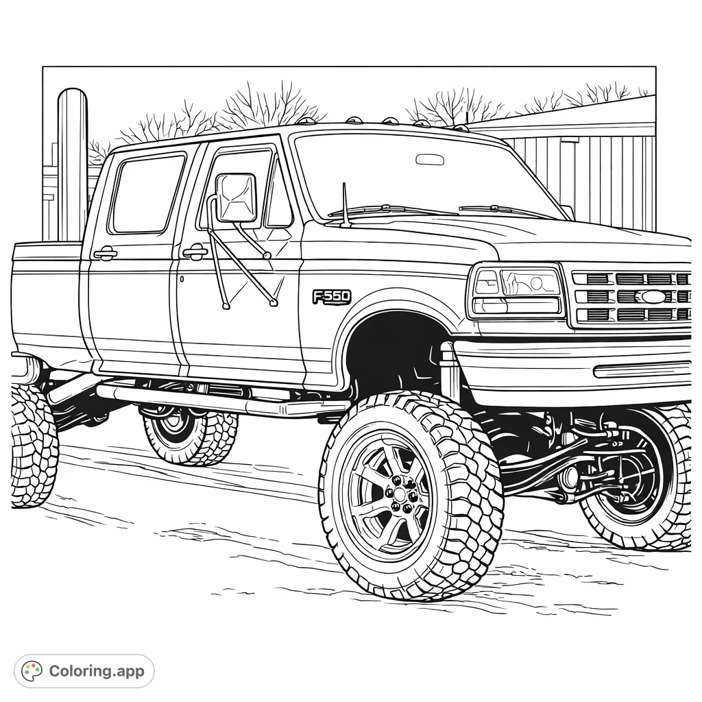 Color a mighty lifted F350 pickup truck with rugged tires, custom rims, tall exhaust stacks, and a powerful presence. Perfect for vehicle enthusiasts!