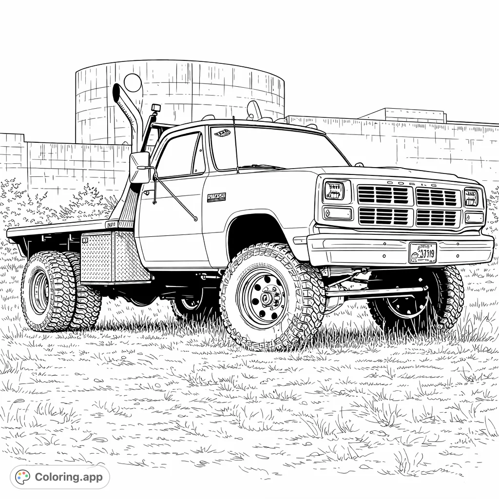 A powerful lifted flatbed truck with large tires stands in a grassy field, featuring a prominent grille and industrial background, ready for coloring.