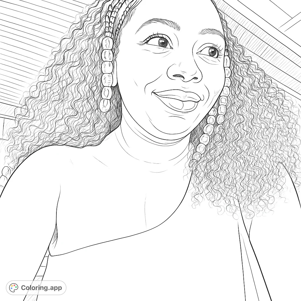 Capture the serene beauty of a portrait featuring a person with voluminous curls and distinctive earrings, looking upwards with a gentle smile. A captivating fashion-inspired coloring page.