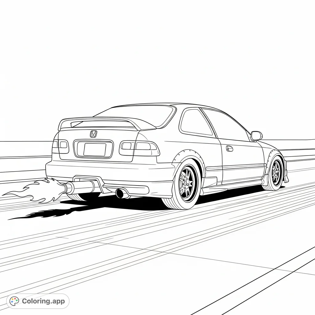 A detailed Honda Civic Turbo on a drag strip, its exhaust emitting a striking flame. Perfect for car enthusiasts and speed fans seeking a challenging coloring page.