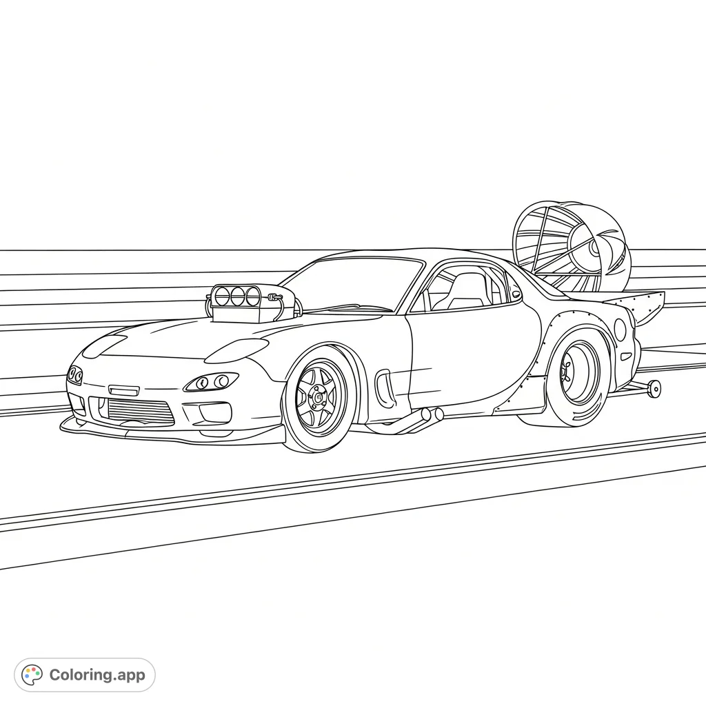 Unleash speed with this detailed RX-7 drag car coloring page! Featuring a wide body, large spoiler, and drag parachute, ready to conquer the strip.