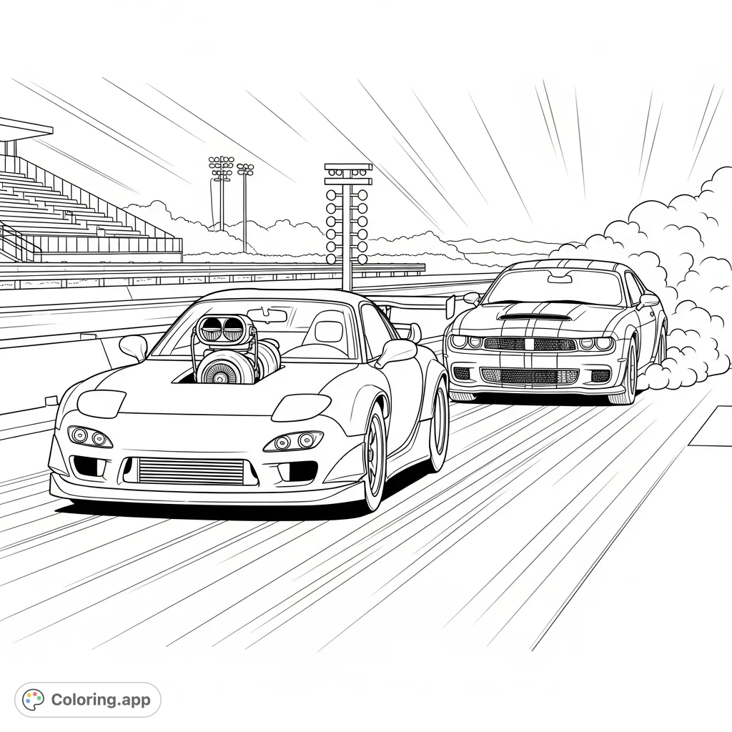 Experience the thrilling moment of an RX7 widebody drag car defeating a powerful Hellcat. A high-octane automotive scene with speed and victory.