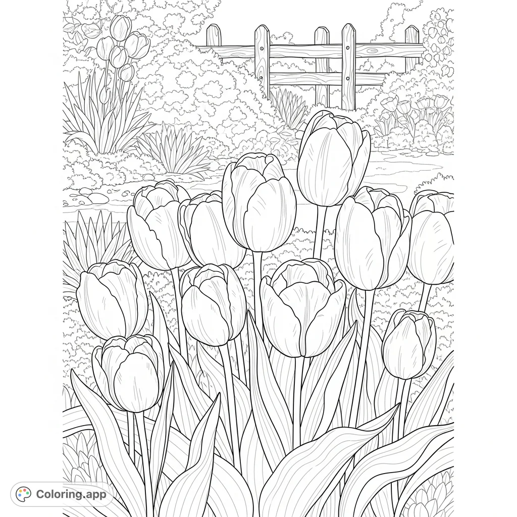 Discover a serene garden with elegant tulips in various bloom stages. A beautiful flower coloring page for a calming creative escape.