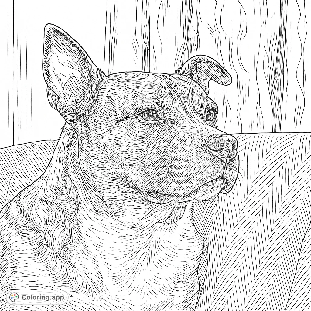 Capture the focused gaze of this patterned dog. A delightful dog coloring page with intricate fur details and a calm setting for all ages to enjoy.