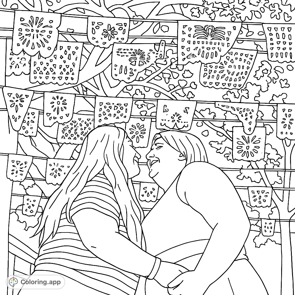 Two individuals share a moment of laughter beneath a canopy of intricately cut paper banners, evoking a festive and joyous atmosphere.