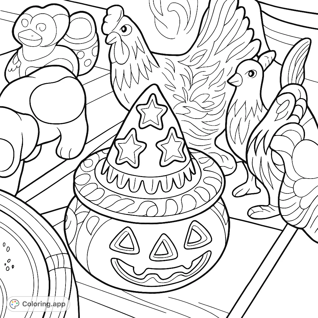 A charming pumpkin container wearing a witch hat, adorned with intricate patterns and a friendly jack-o'-lantern face. Perfect for festive coloring fun!