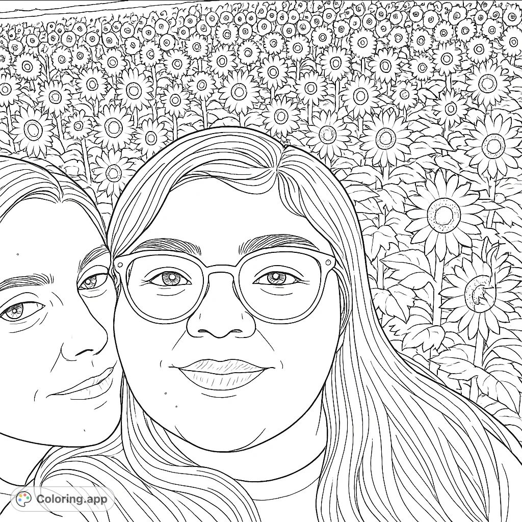 A heartwarming coloring page featuring two friends posing closely in a vast field of blooming flowers, perfect for capturing moments of joy and connection.