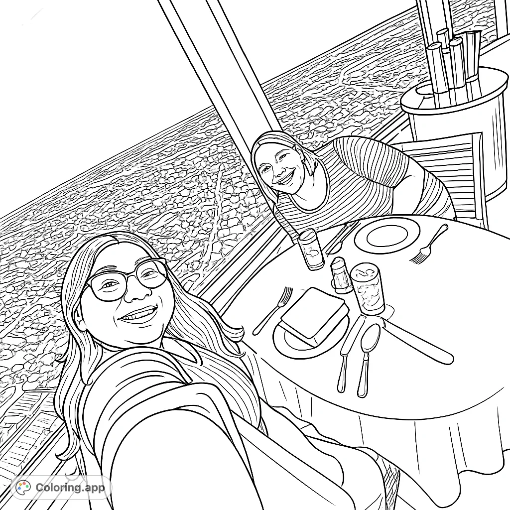 Enjoy a high-rise city dining coloring page featuring two smiling friends and a breathtaking urban view. A free printable coloring page.