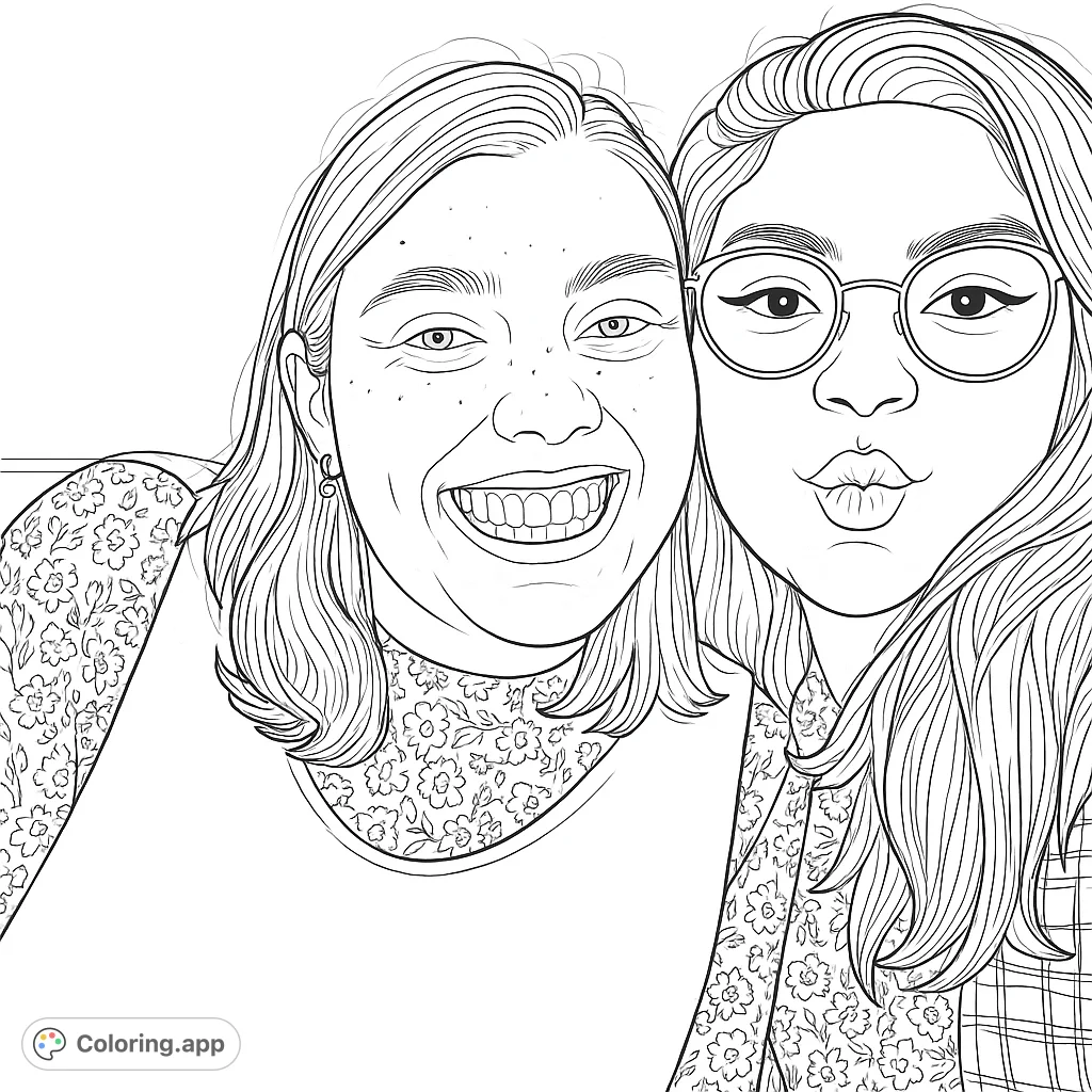 A cheerful close-up portrait of two friends, one smiling brightly and the other posing playfully. Perfect for personalizing with your favorite shades.