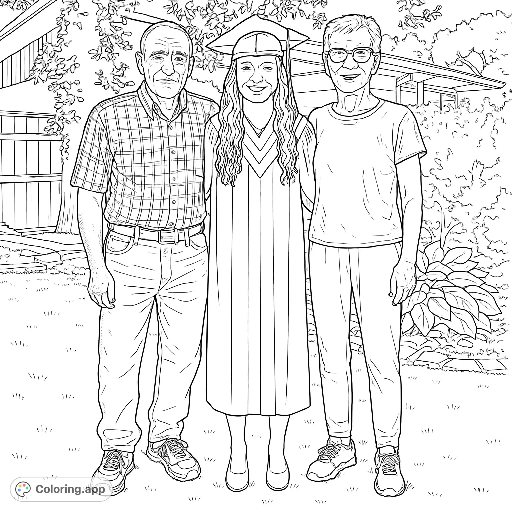 Capture a cherished family graduation moment. This detailed coloring page features a graduate with loved ones in a celebratory backyard setting.