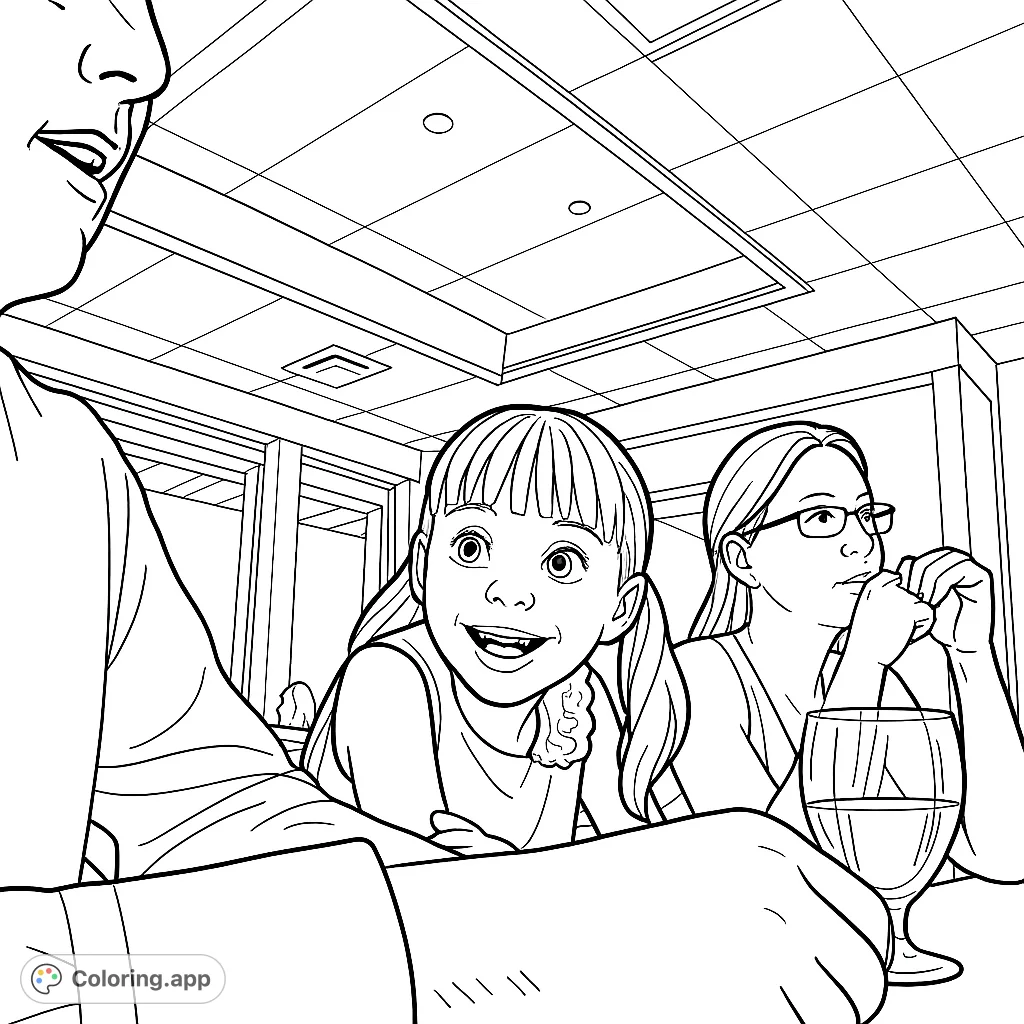 Capture a heartwarming family restaurant moment. A smiling girl, her mother, and a partial view of her father share a happy occasion.