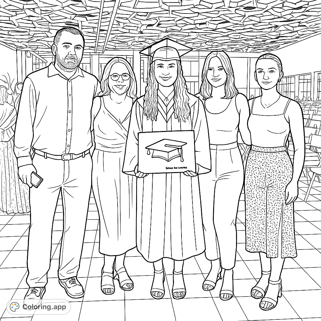 Celebrate a special milestone with this graduation day family portrait coloring page. A graduate and her family pose happily, perfect for commemorating achievements.