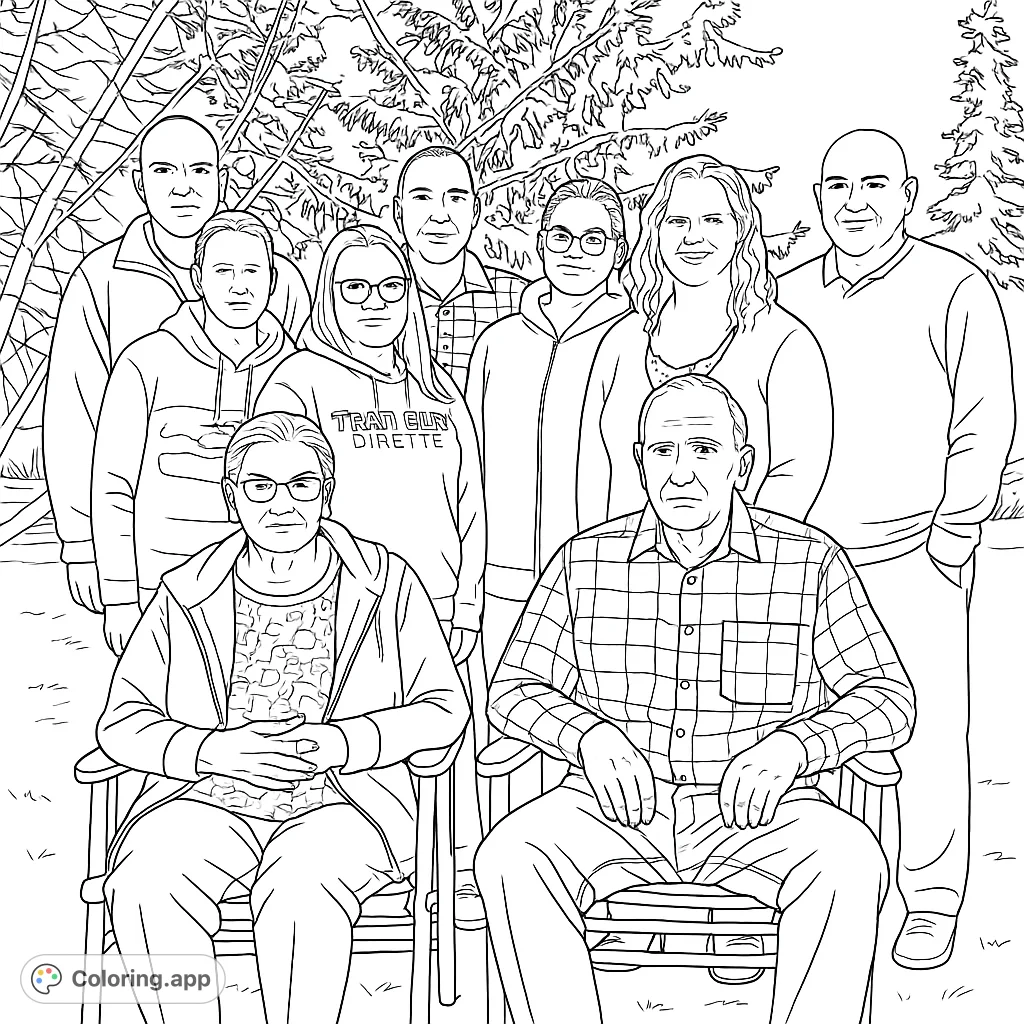 Capture a heartwarming outdoor family portrait featuring ten individuals, with two seated elders and eight younger members standing, set against a natural backdrop.