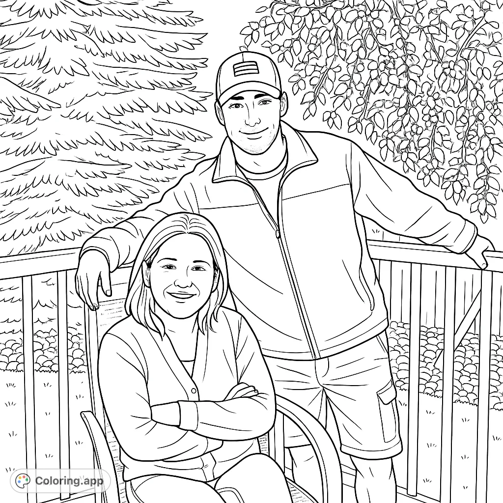 Capture a heartwarming moment with this couple relaxing outdoors. Features a man in a cap and a woman seated, surrounded by natural elements.