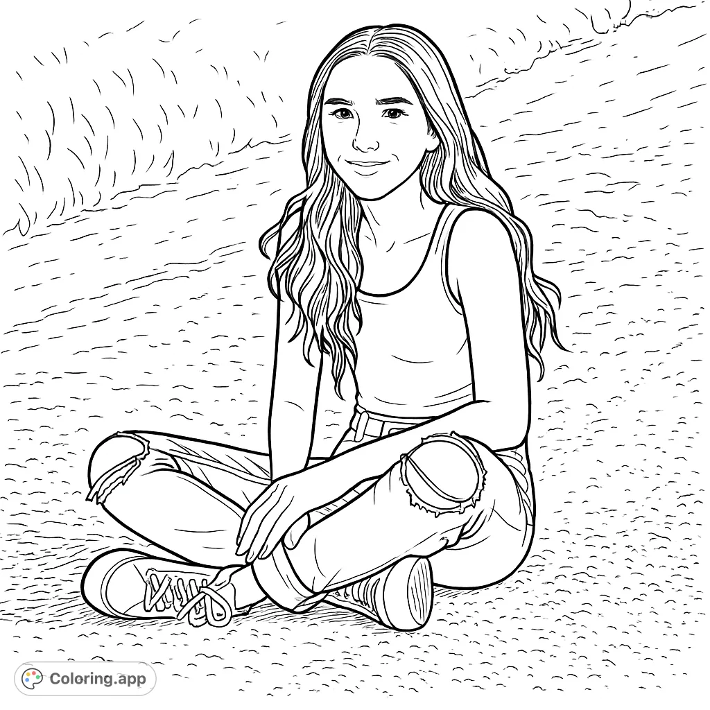 A serene coloring page featuring a relaxed young person with flowing hair, seated outdoors on textured ground. Perfect for creative expression.