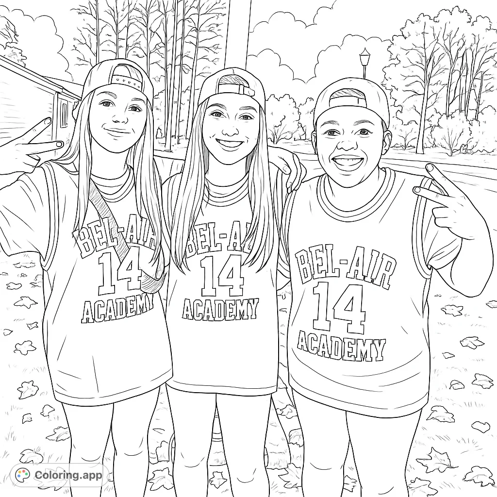 Three smiling friends wearing matching academy jerseys and caps, posing outdoors with peace signs. A fun, youthful scene with autumn elements.