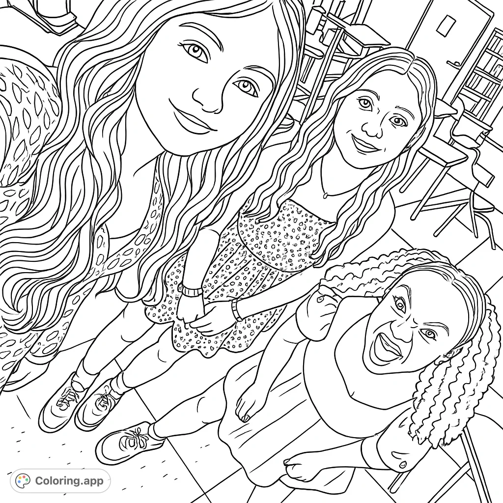 Capture a moment of youthful joy with this classroom friends coloring page. Three happy individuals pose playfully, ready for your creative touch and vibrant colors.